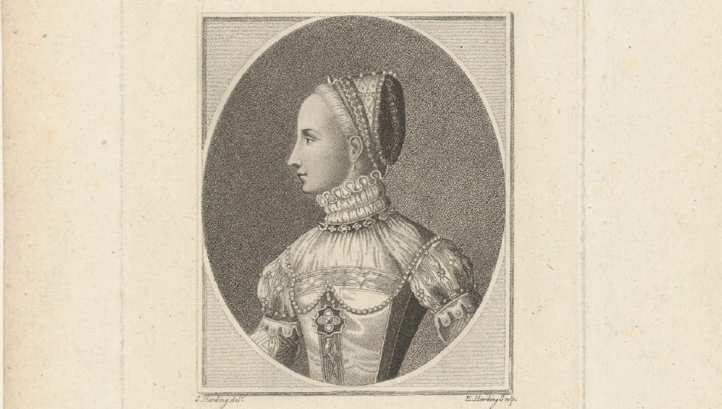 Stipple engraving of Mary, Queen of Scots, from Shakespeare Illustrated (1793) by Edward Harding