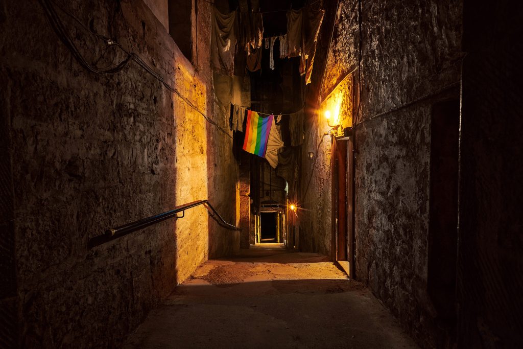 Pride flag on The Real Mary King's Close - our Pride tours are one of our top things to do in Edinburgh in June 2022