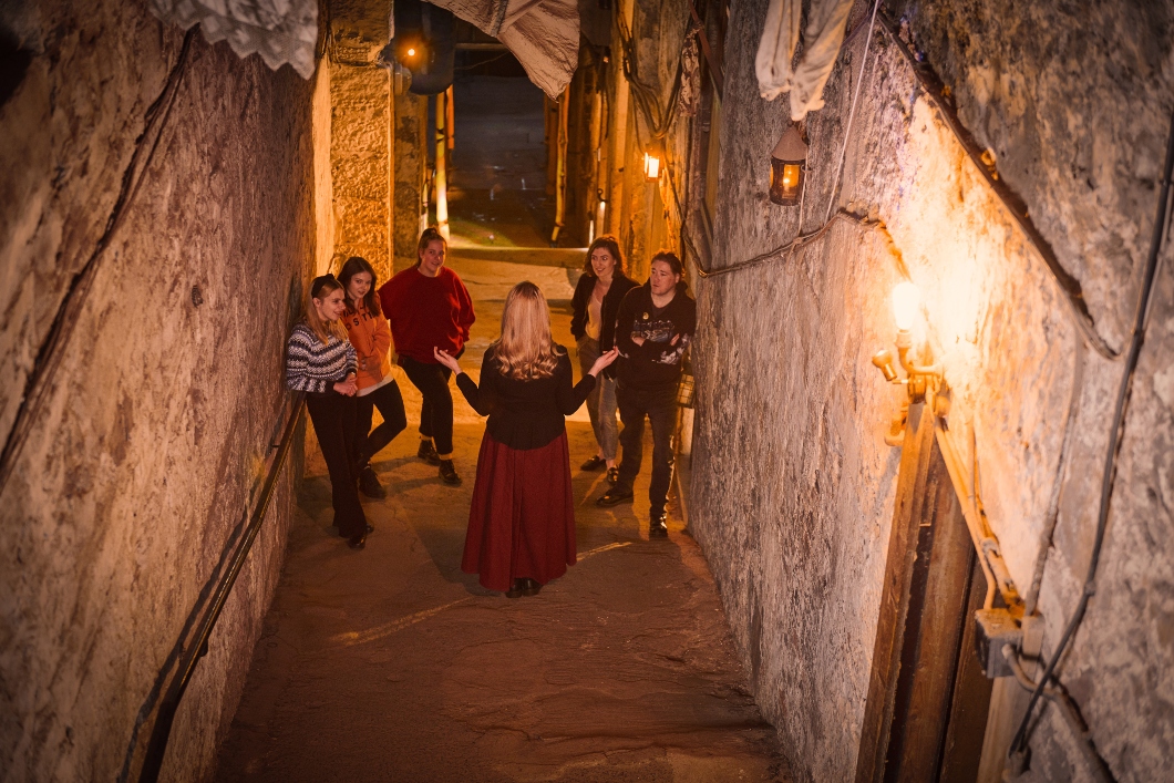 View of a tour group on Mary King's Close from above. 